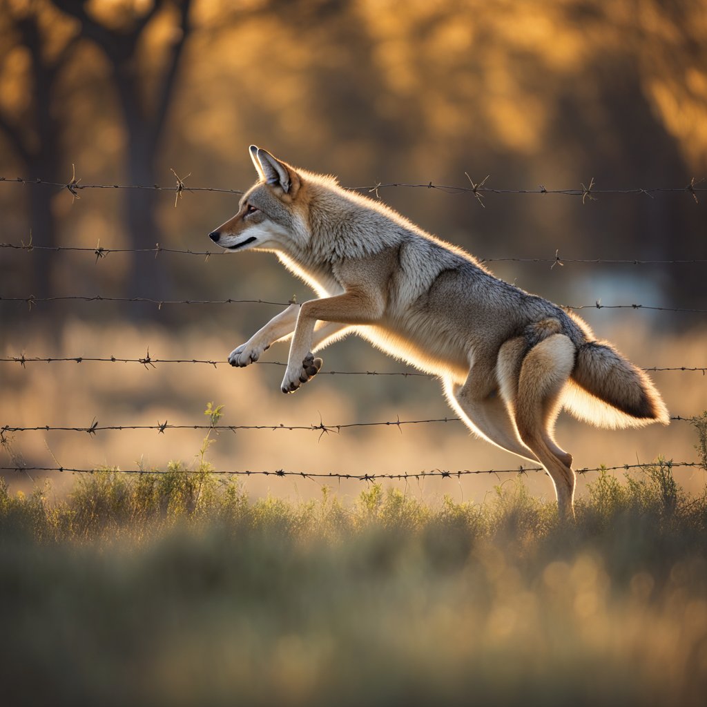 Coyote Jumping over barbed wire fence