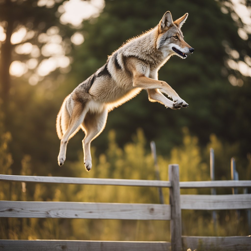 Coyote Jumping over a wooden fence 